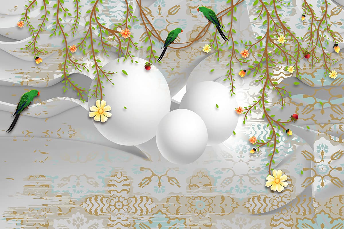 Whimsical birds with balloons and flowers on branch wallpaper pattern detail