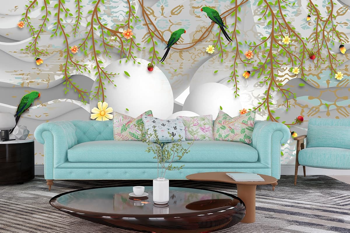 Whimsical birds with balloons and flowers on branch wallpaper shown in a room