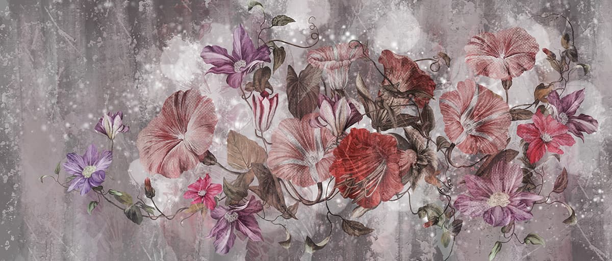 Floral Painting on Grey Background Wall Wallpaper pattern detail