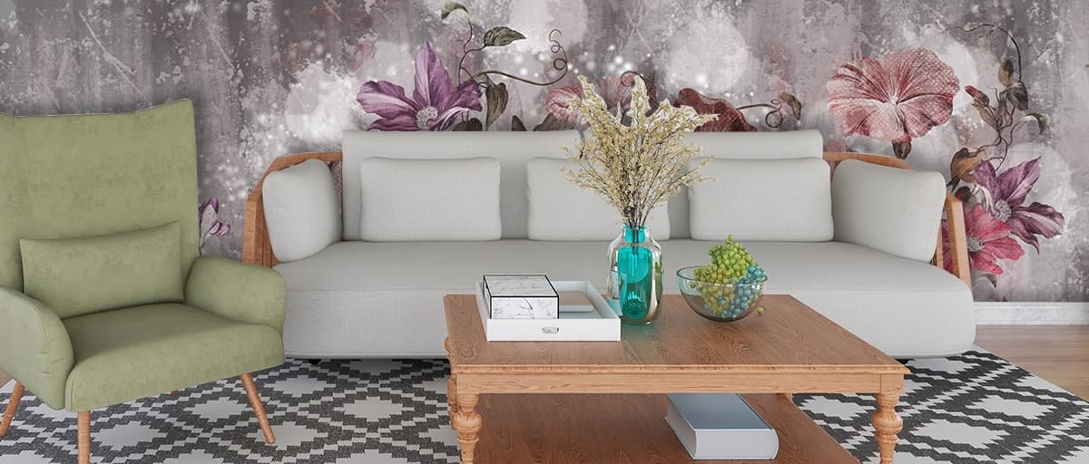 Floral Painting on Grey Background Wall Wallpaper shown in a room