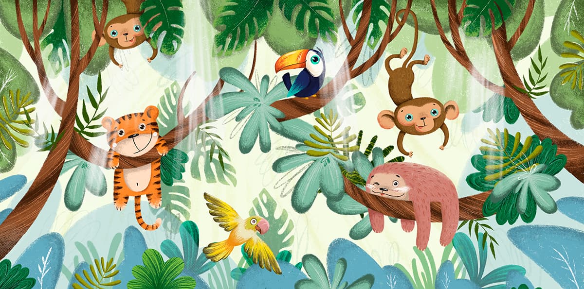 Animals in Jungle Cartoon Wallpaper for Kids Room pattern detail