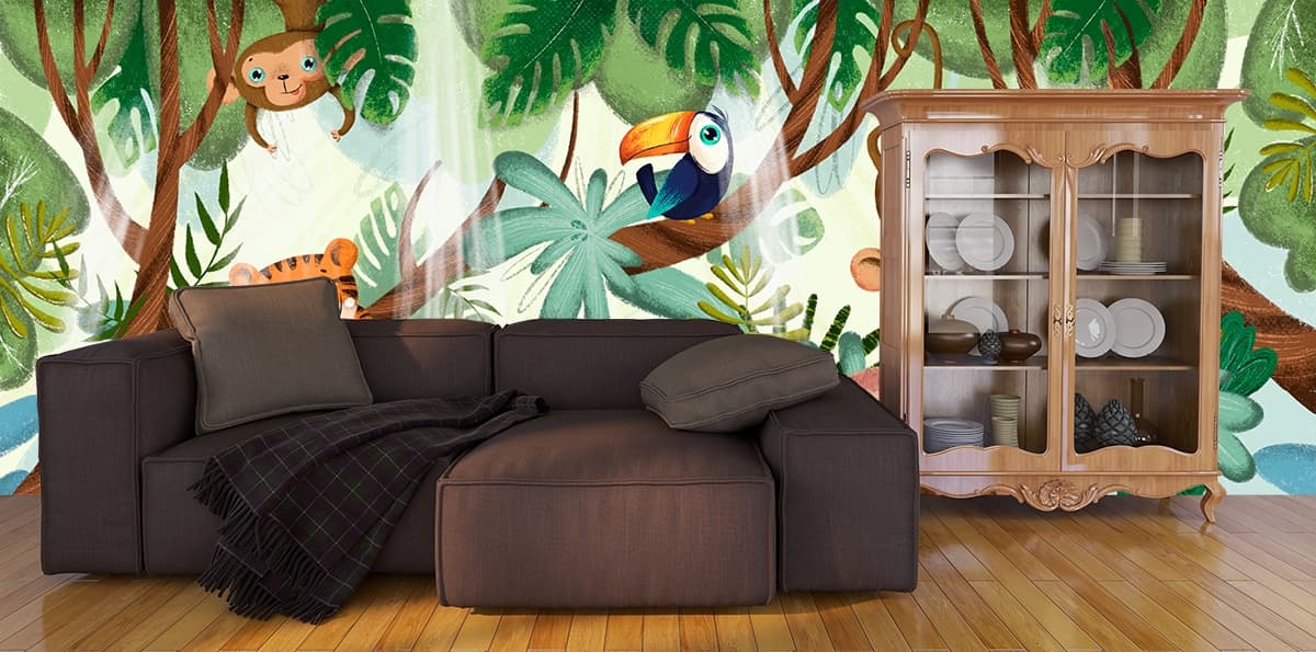 Animals in Jungle Cartoon Wallpaper for Kids Room shown in a room