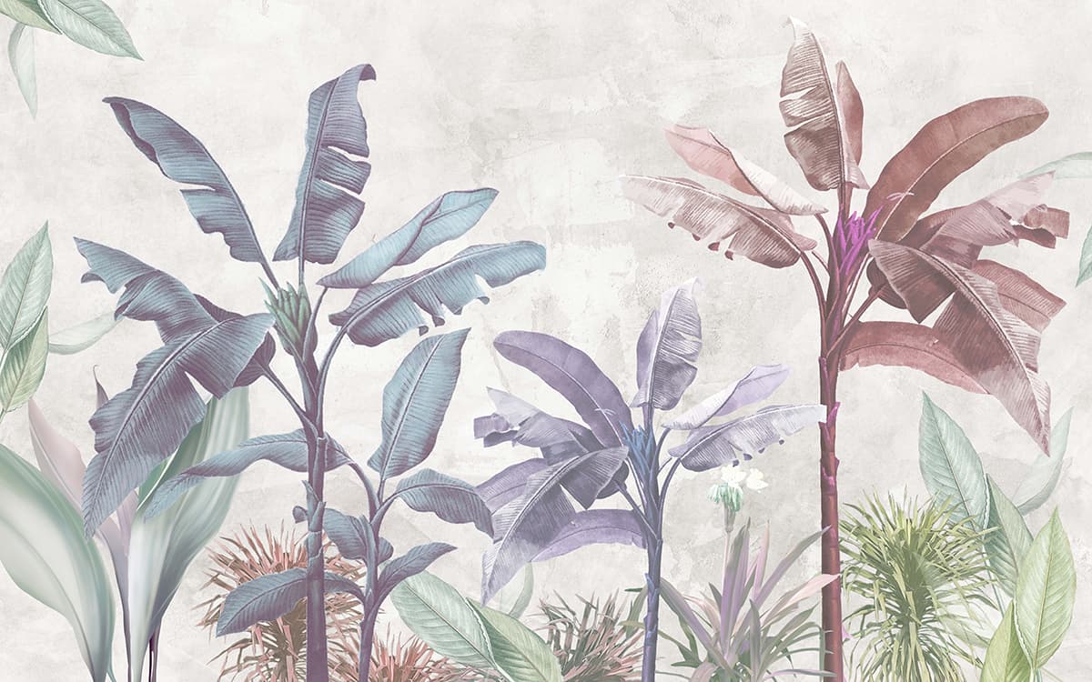 Pastel Colorful Tropical Banana Trees Wallpaper Mural pattern detail