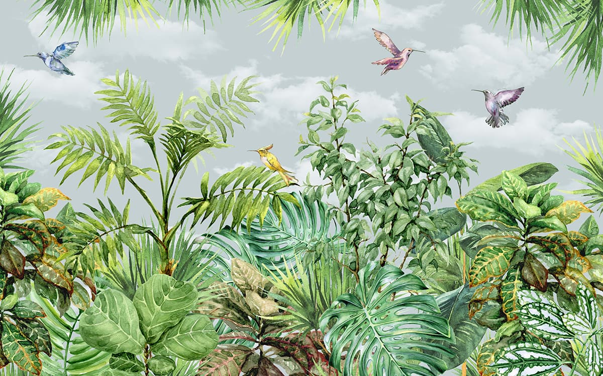A group of birds flying over a group of plants pattern detail
