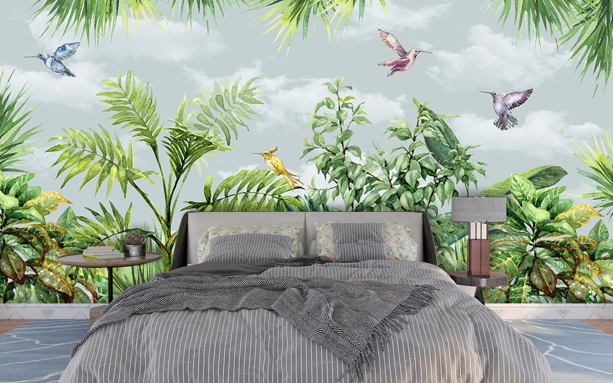 A group of birds flying over a group of plants shown in a room