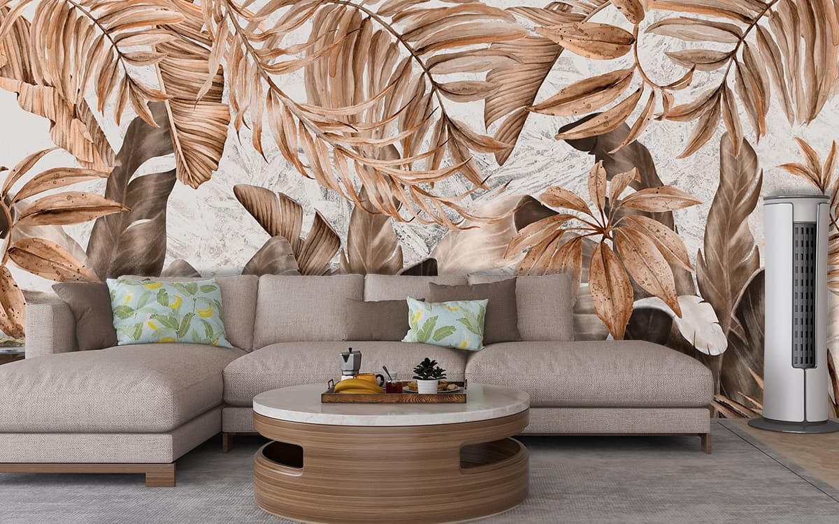 Tropicalia, Serene Tropical Leaves Bedroom Wallpaper shown in a room