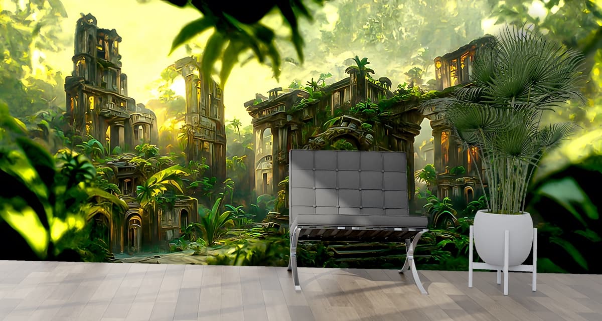 A ruins of a jungle shown in a room