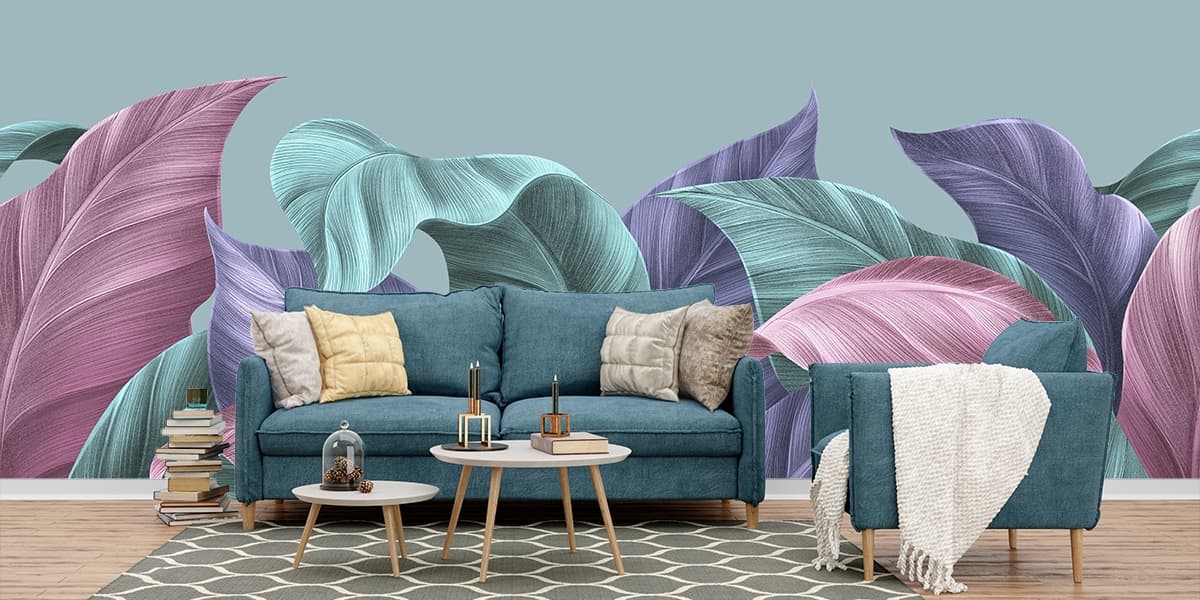 Aesthetic Colorful Tropical Leaves Wallpaper shown in a room