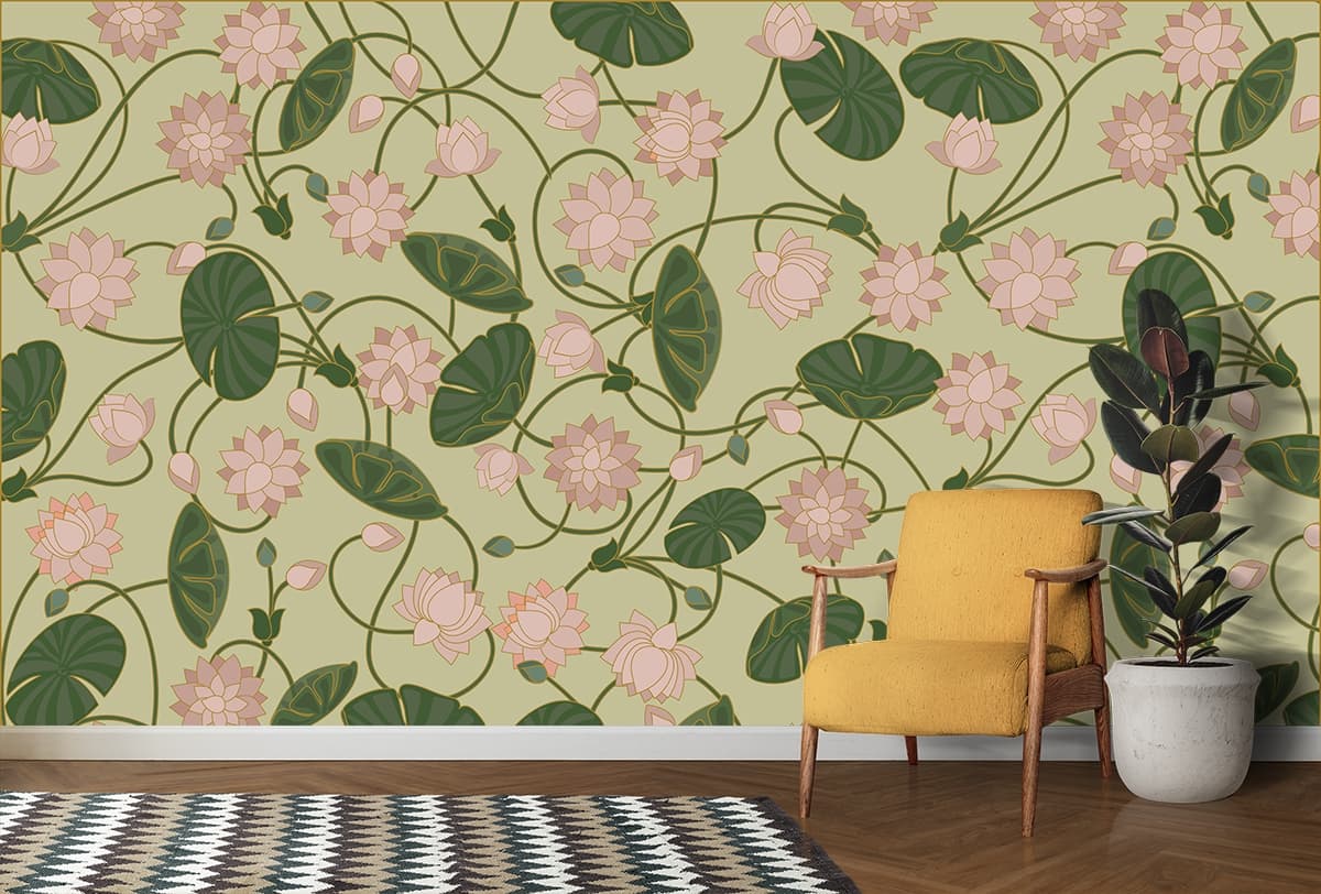 Beautiful Lotus Blooms Wallpaper Mural shown in a room