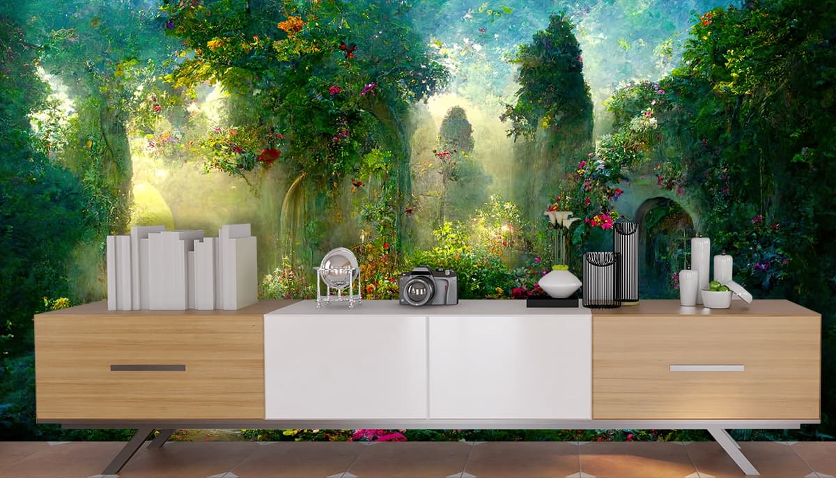 Blooming Garden Trees for Aesthetic Home Wallpaper shown in a room