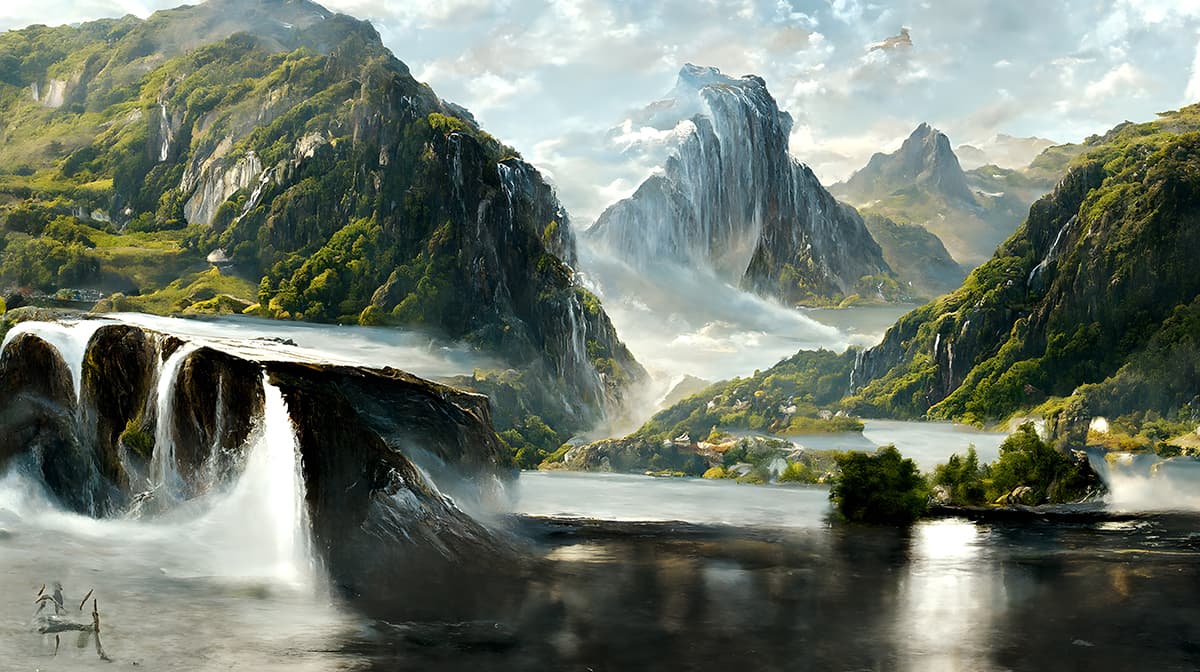 Flowing Stream into Serene Water Body for Nature-Inspired Walls Wallpaper pattern detail