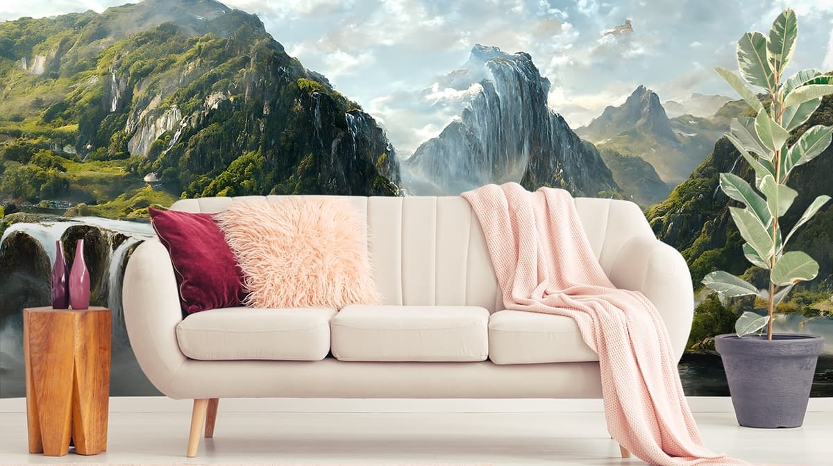 Flowing Stream into Serene Water Body for Nature-Inspired Walls Wallpaper shown in a room