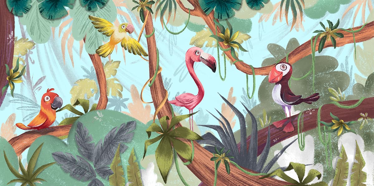 A group of birds on a tree branch pattern detail