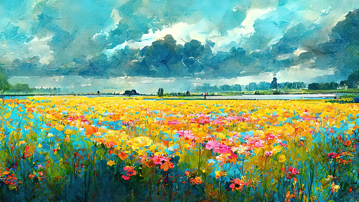 Floral Field with Clouds Scenic Nature wallpaper pattern detail