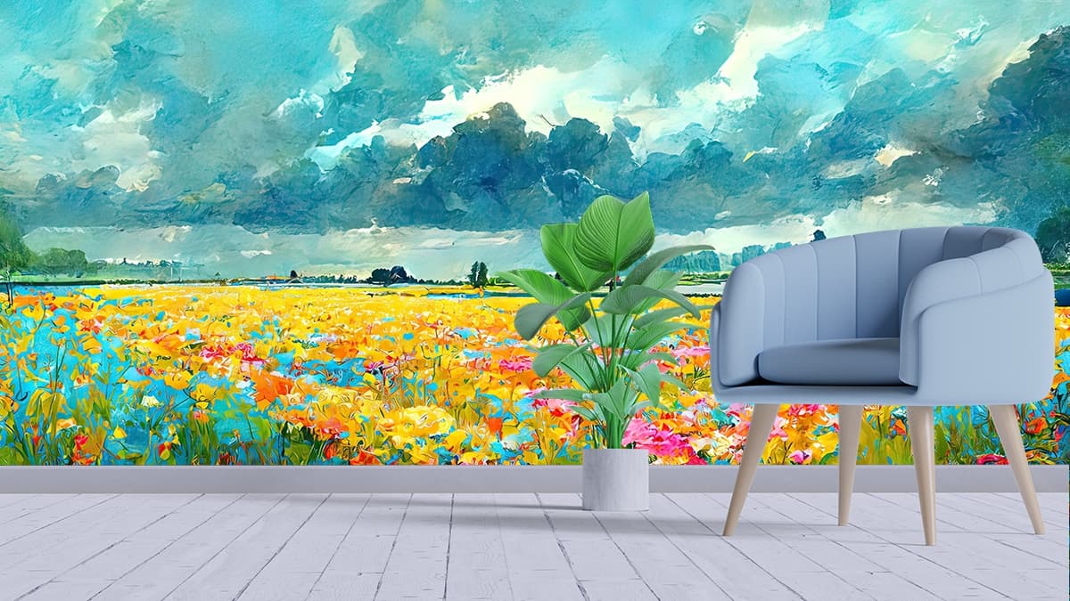 Floral Field with Clouds Scenic Nature wallpaper shown in a room