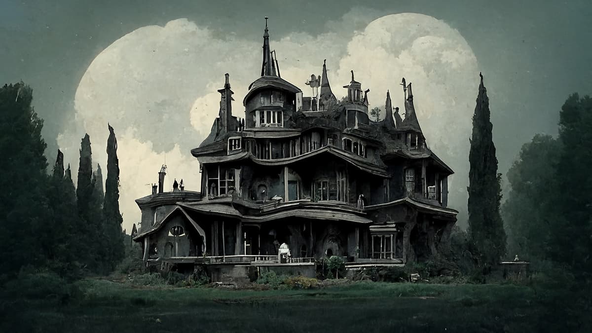 A large house with towers and a large lawn pattern detail