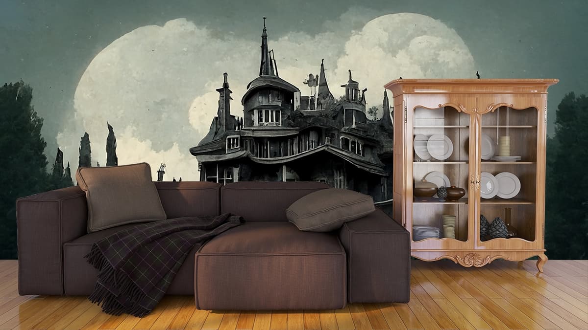 A large house with towers and a large lawn shown in a room