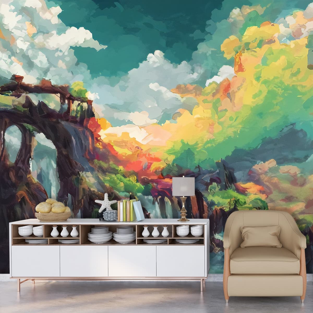 Mountain Waterfall Nature Scene Wall Design Wallpaper shown in a room