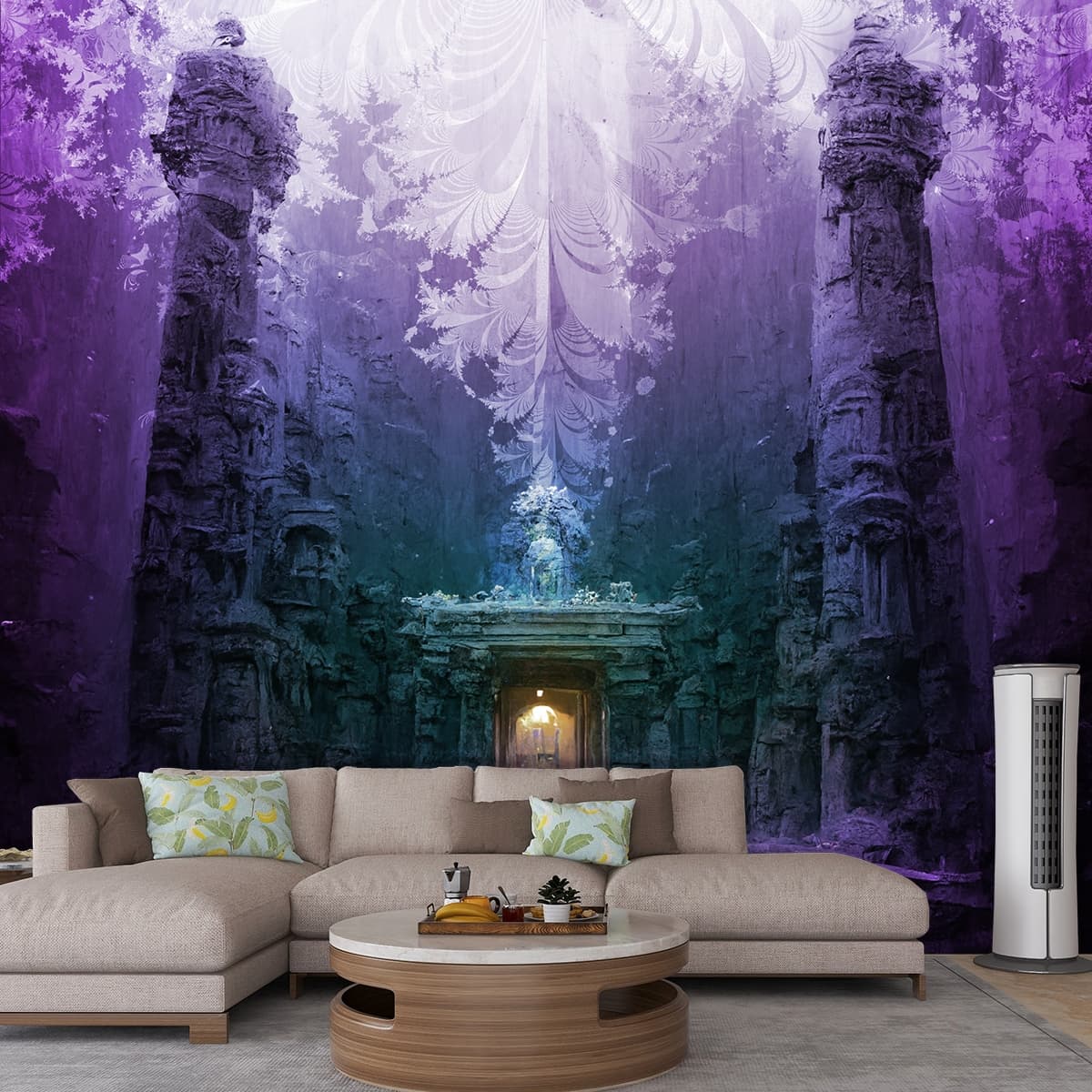 Royale Purple White Architectural Pillar Design Wallpaper shown in a room