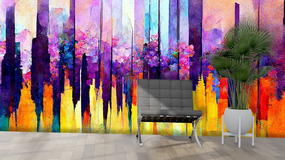 Multi Colored Abstract Spectrum Lines Wallpaper Mural shown in a room