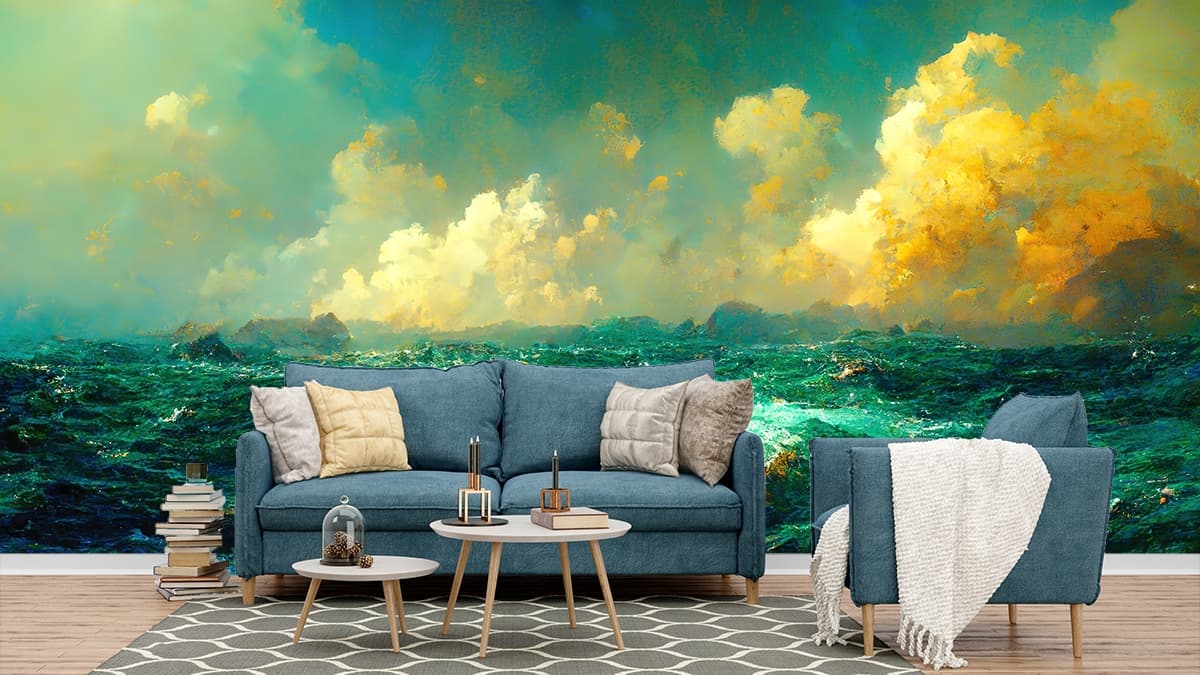 Abstract Waves, Rocks and Misty Smoke Wallpaper shown in a room