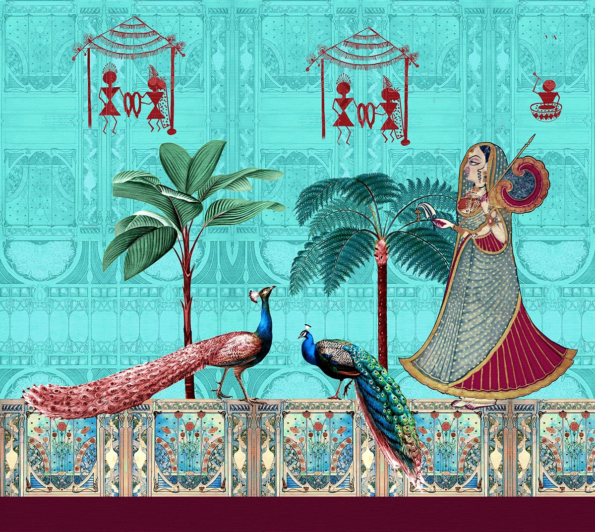 Painting Wallpaper of Peacock and Woman pattern detail