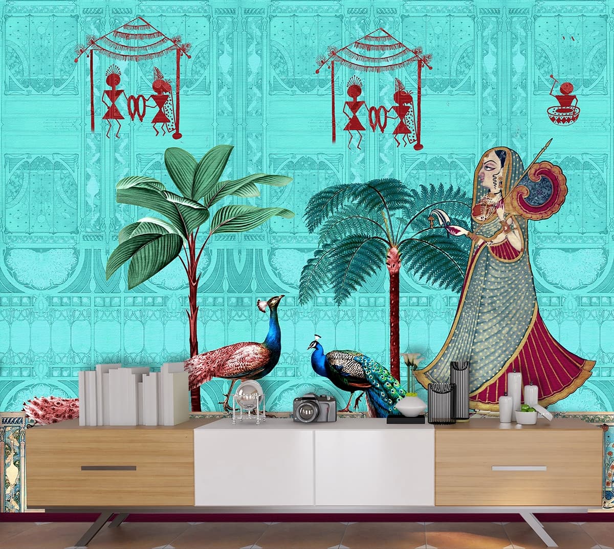 Painting Wallpaper of Peacock and Woman shown in a room