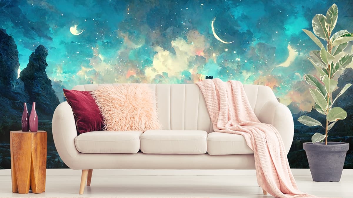 Crescent moon wallpaper for wall shown in a room
