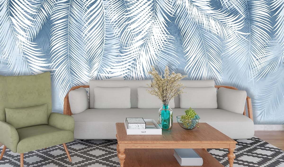Minimal White Leaf Pattern Blue Aesthetic Wallpaper shown in a room