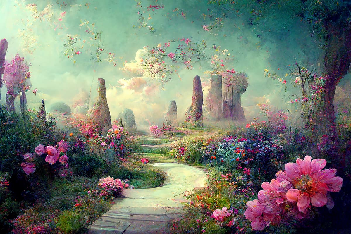Beautiful Flower-Lined Garden Walkway Wallpaper pattern detail