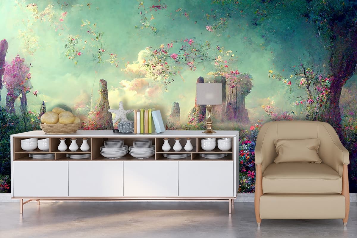 Beautiful Flower-Lined Garden Walkway Wallpaper shown in a room