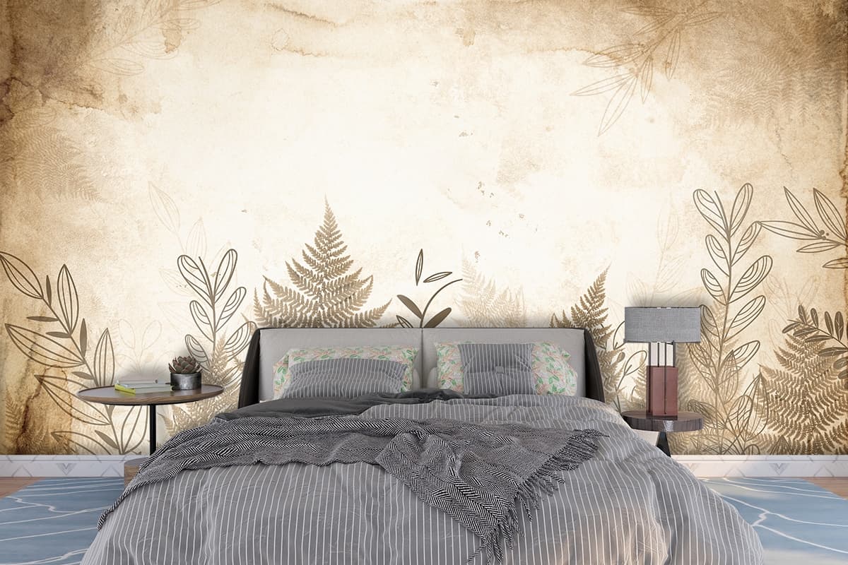 Fern Leaves and Branches Botanical Design wallpaper shown in a room