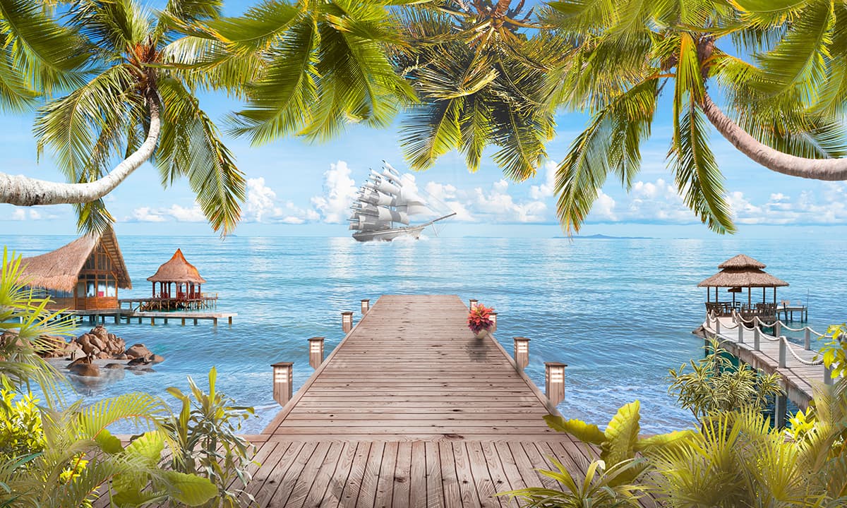 Palm Trees Wooden Dock with Boat Scene Wallpaper pattern detail