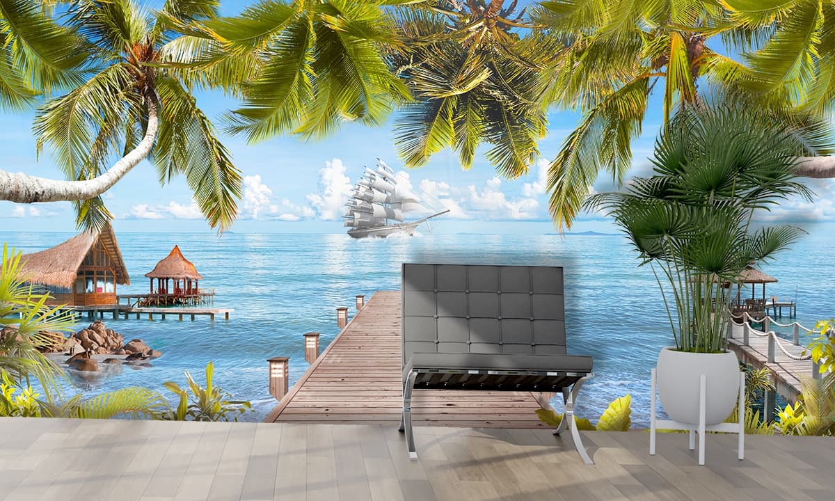 Palm Trees Wooden Dock with Boat Scene Wallpaper shown in a room