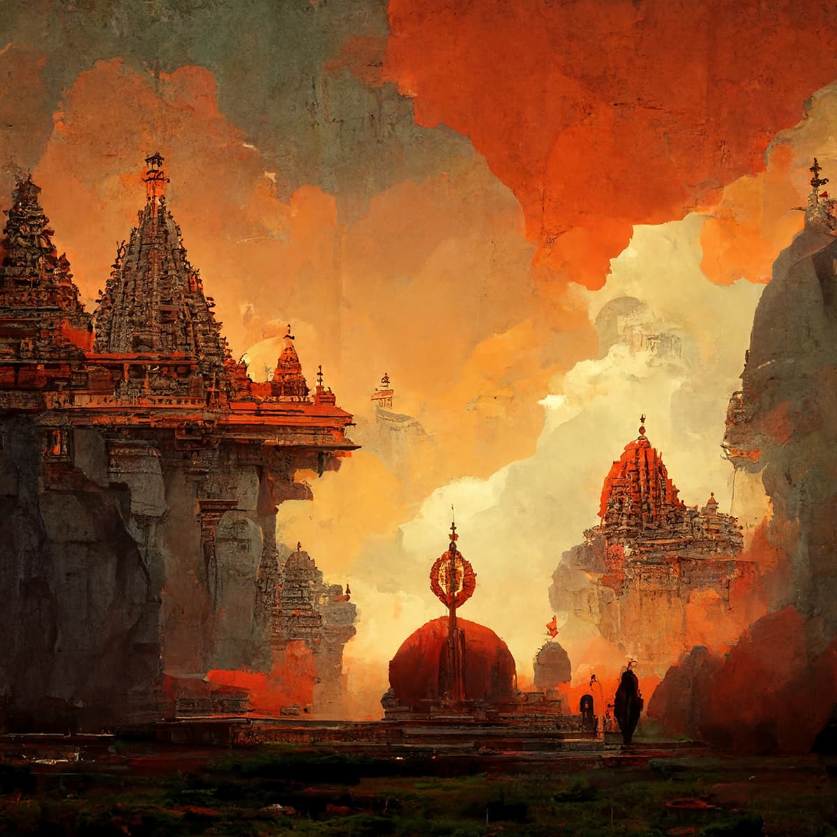 Temple Painting with Red Orange Sky Sunset wallpaper pattern detail