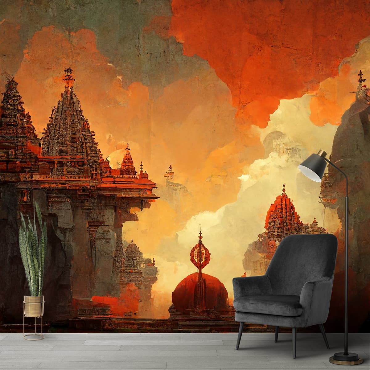 Temple Painting with Red Orange Sky Sunset wallpaper shown in a room