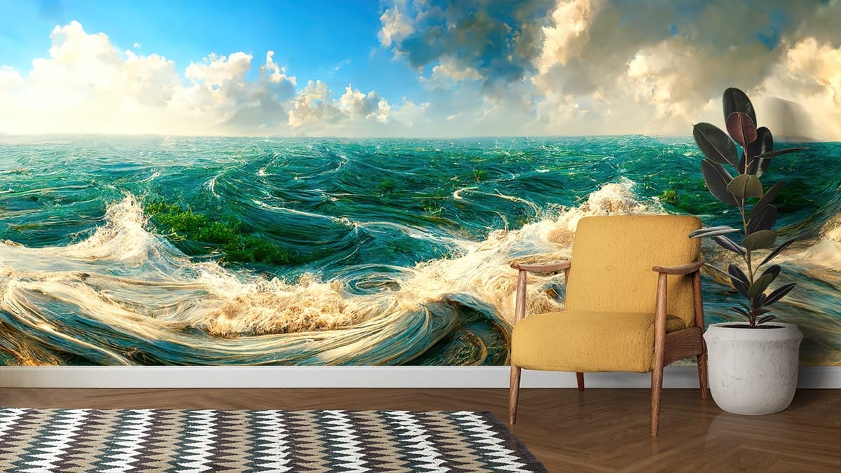 Ocean Waves and Coastal Grass Scenic Wall Mural Wallpaper shown in a room