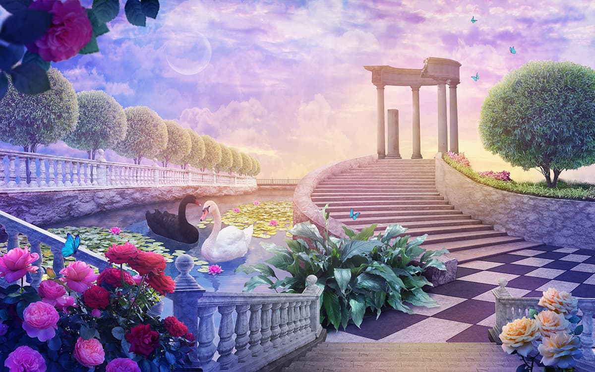 Romantic Garden with Swans and Pond Design wallpaper pattern detail