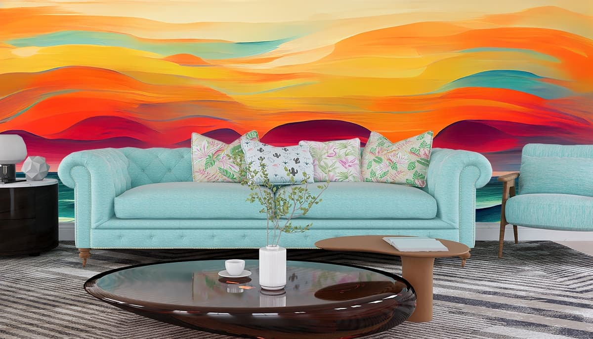 Beautiful Tropical Ocean Waves with Sunset Tones Wallpaper shown in a room
