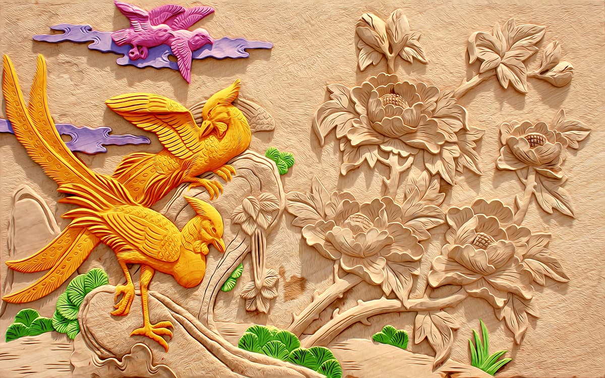 Luxury Wooden Carved Birds and Flowers Wall Wallpaper pattern detail