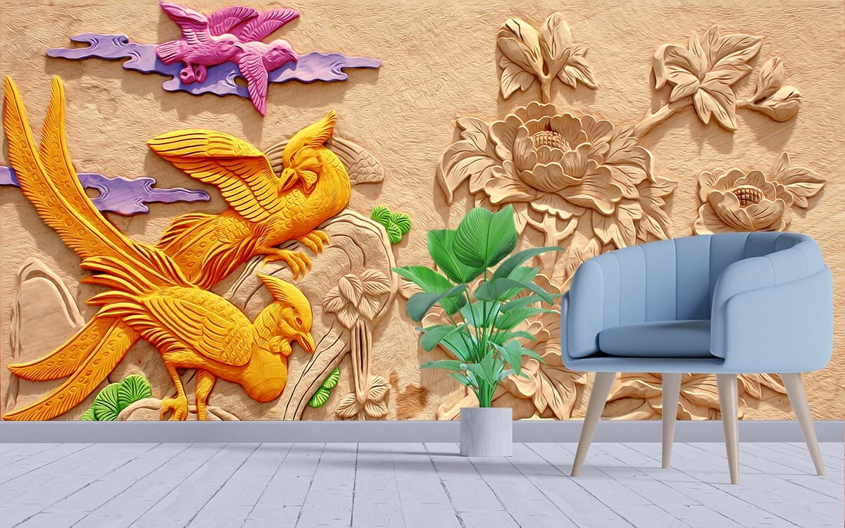 Luxury Wooden Carved Birds and Flowers Wall Wallpaper shown in a room