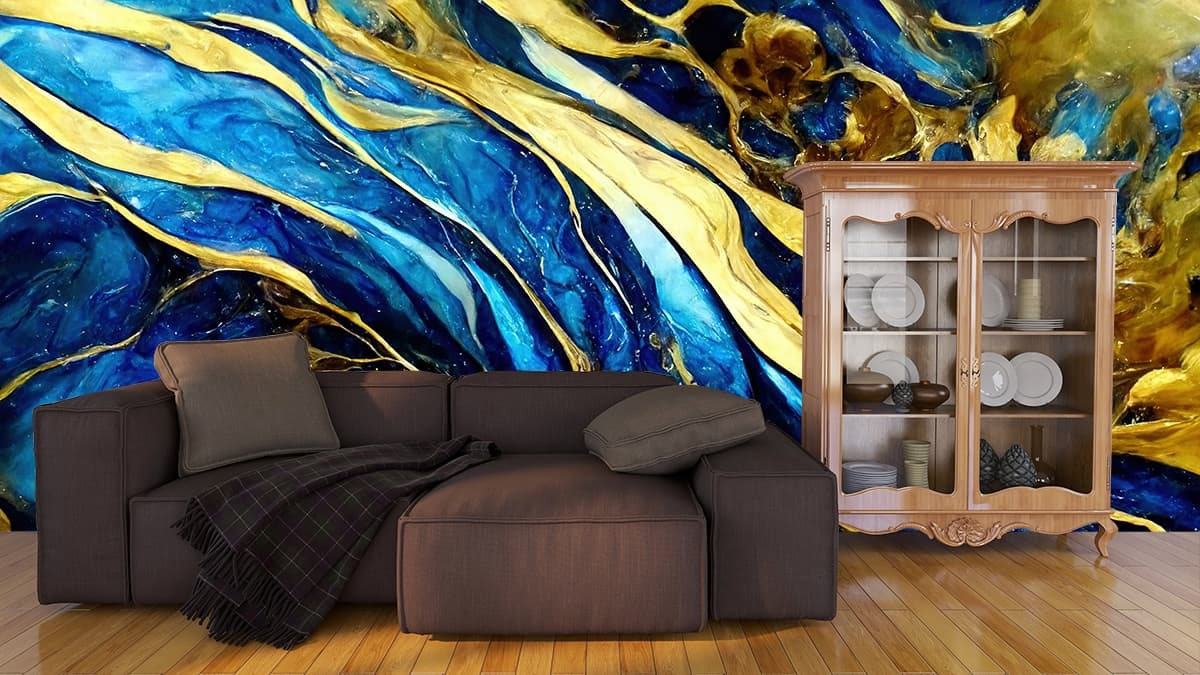 Blue and Gold Liquid Abstract Luxury Texture Wallpaper shown in a room