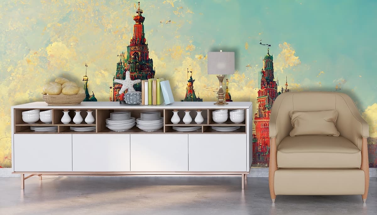 Large City with Cars and Buildings Urban Scene wallpaper shown in a room