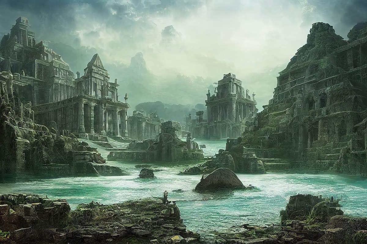 Water Body with Buildings and Rocks Scenic Wall Mural Wallpaper pattern detail