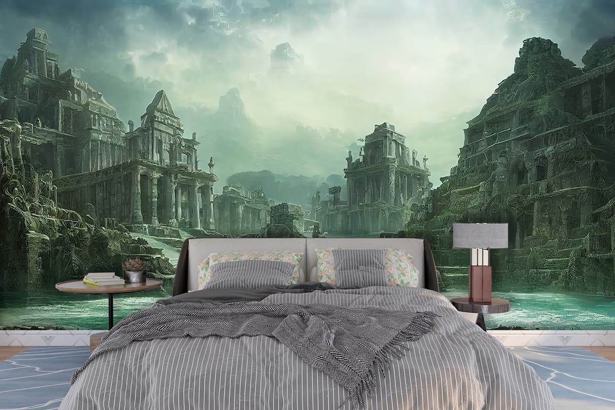 Water Body with Buildings and Rocks Scenic Wall Mural Wallpaper shown in a room