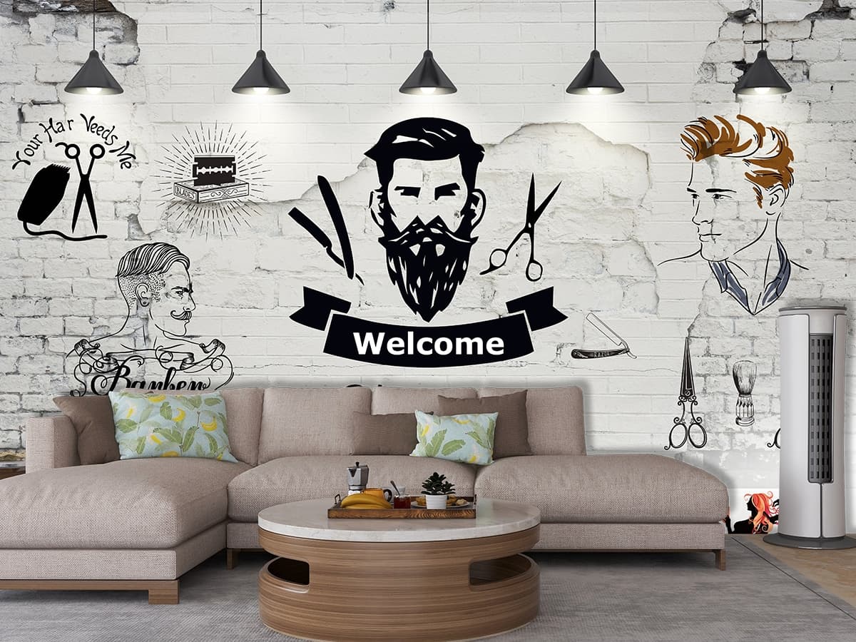 Elegant Barber Shop Mural Design wallpaper shown in a room