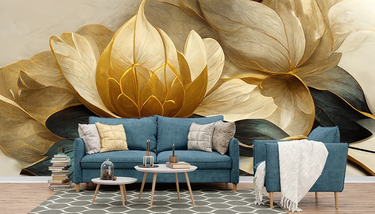 A gold and black flower shown in a room