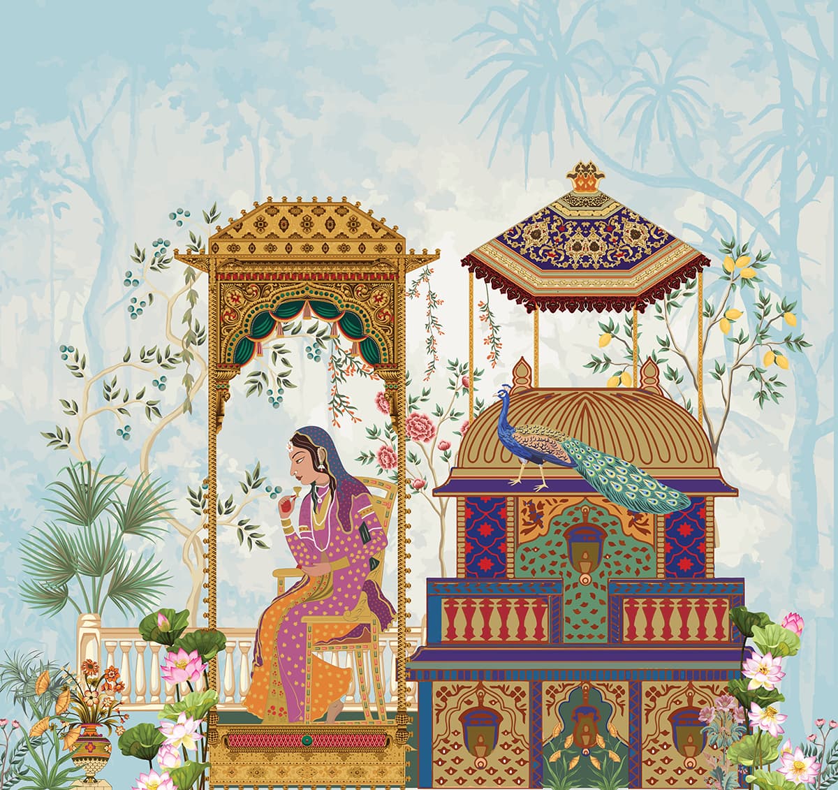 Woman and Peacock Wallpaper pattern detail
