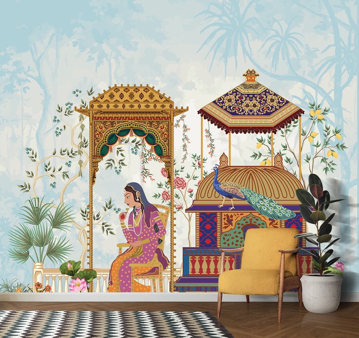 Woman and Peacock Wallpaper shown in a room
