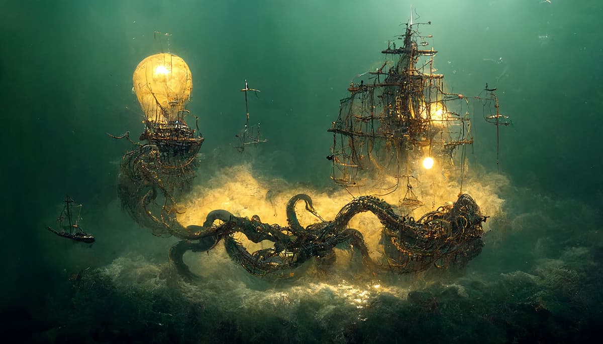 A ship and octopus under water pattern detail
